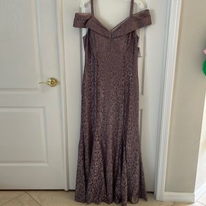 R&M Richards cold shoulder glitter lace gown